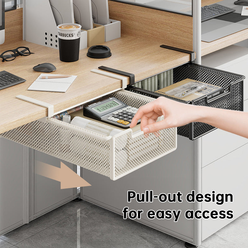 Desktop Drawer Organizer, Under-Desk Hanging Storage Box, Iron Mesh Office Supply, Long Rectangle Design, Chinese Style